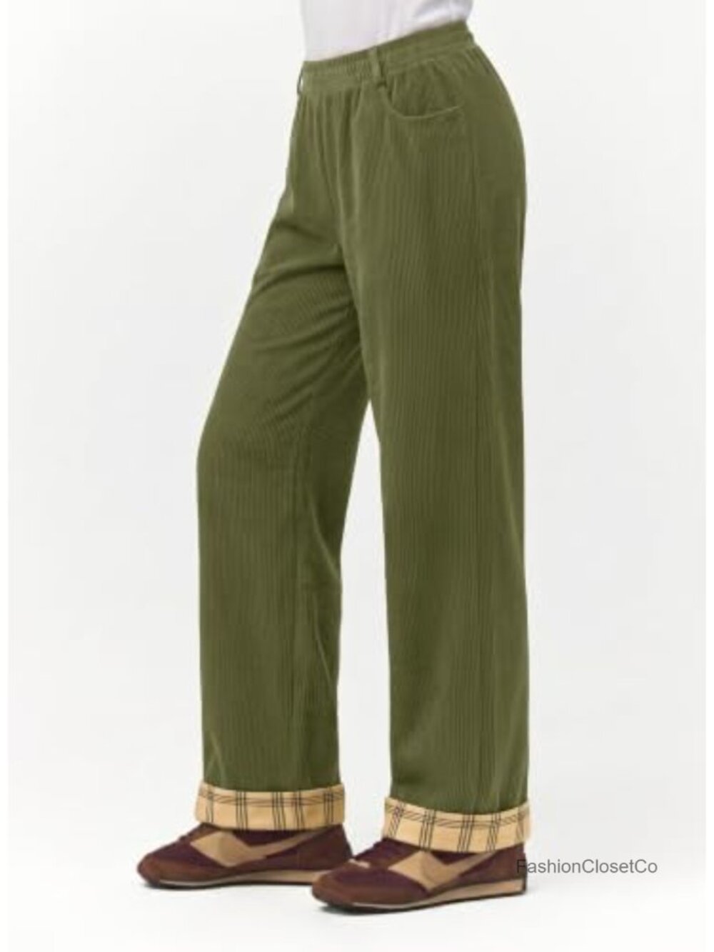 Women's Corduroy Wide Leg Pants with Pockets High Rise Elastic Waist Fall Casual - Picture 2 of 6
